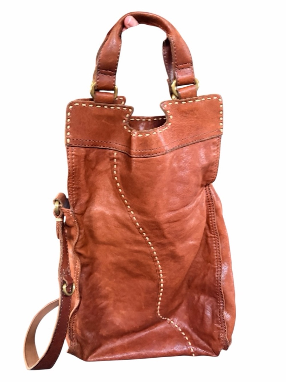 Lucky Brand Abbey Road Cognac Leather Shoulder Laptop Bag with Stitching